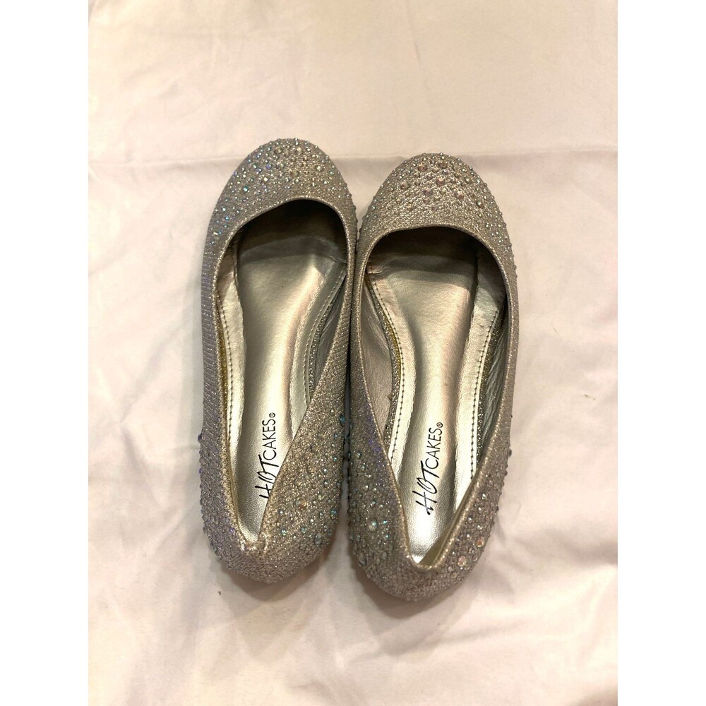 Hot Cakes Silver Glitter Rhinestone Ballet Flats Special Occasion Dress Shoes 7